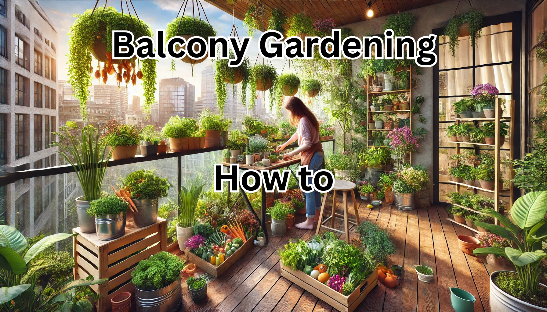 A vibrant garden on balcony with vegetables, herbs, and flowers